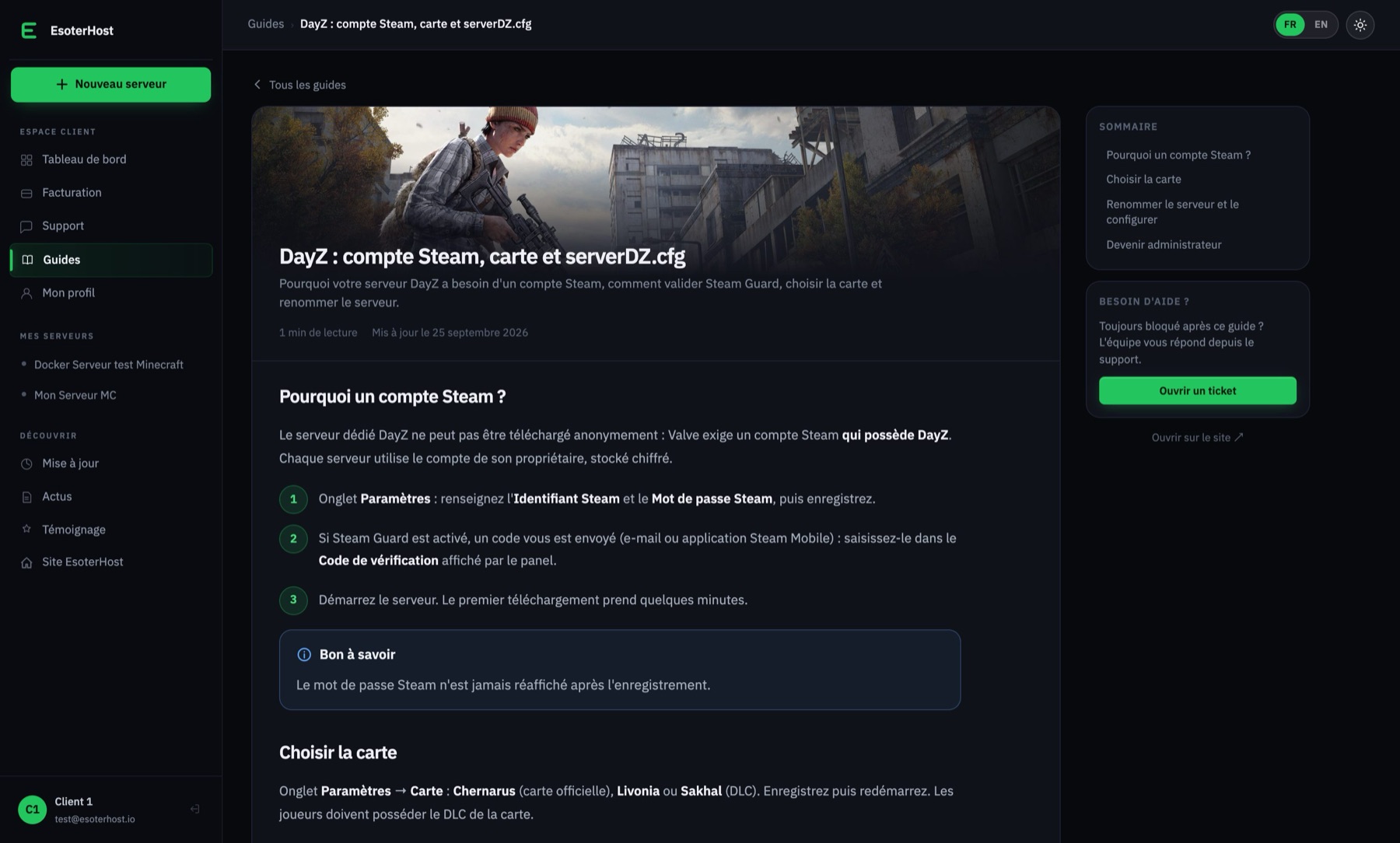 Un guide DayZ ouvert dans le panel