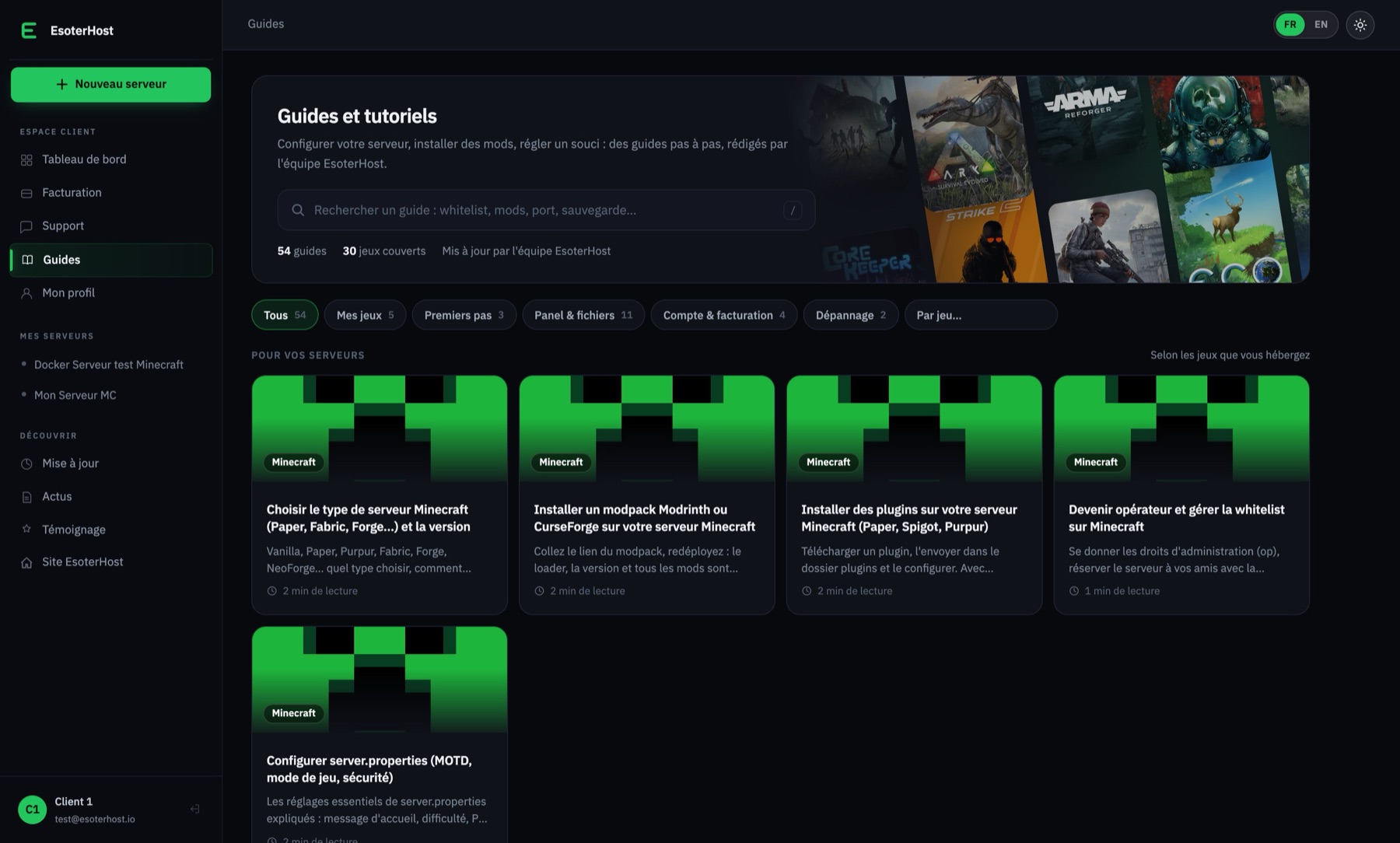 La page Guides du panel