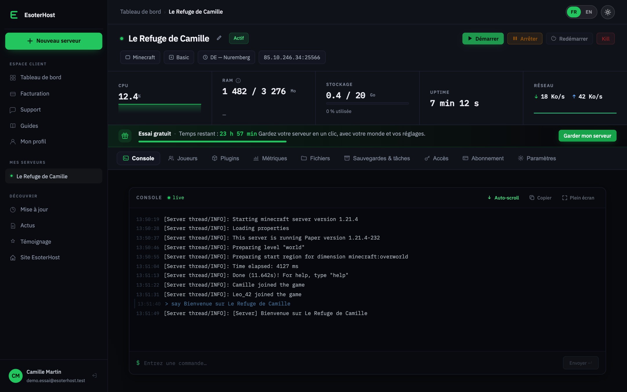 Le panel d'un serveur en essai gratuit, avec le temps restant affiché en haut
