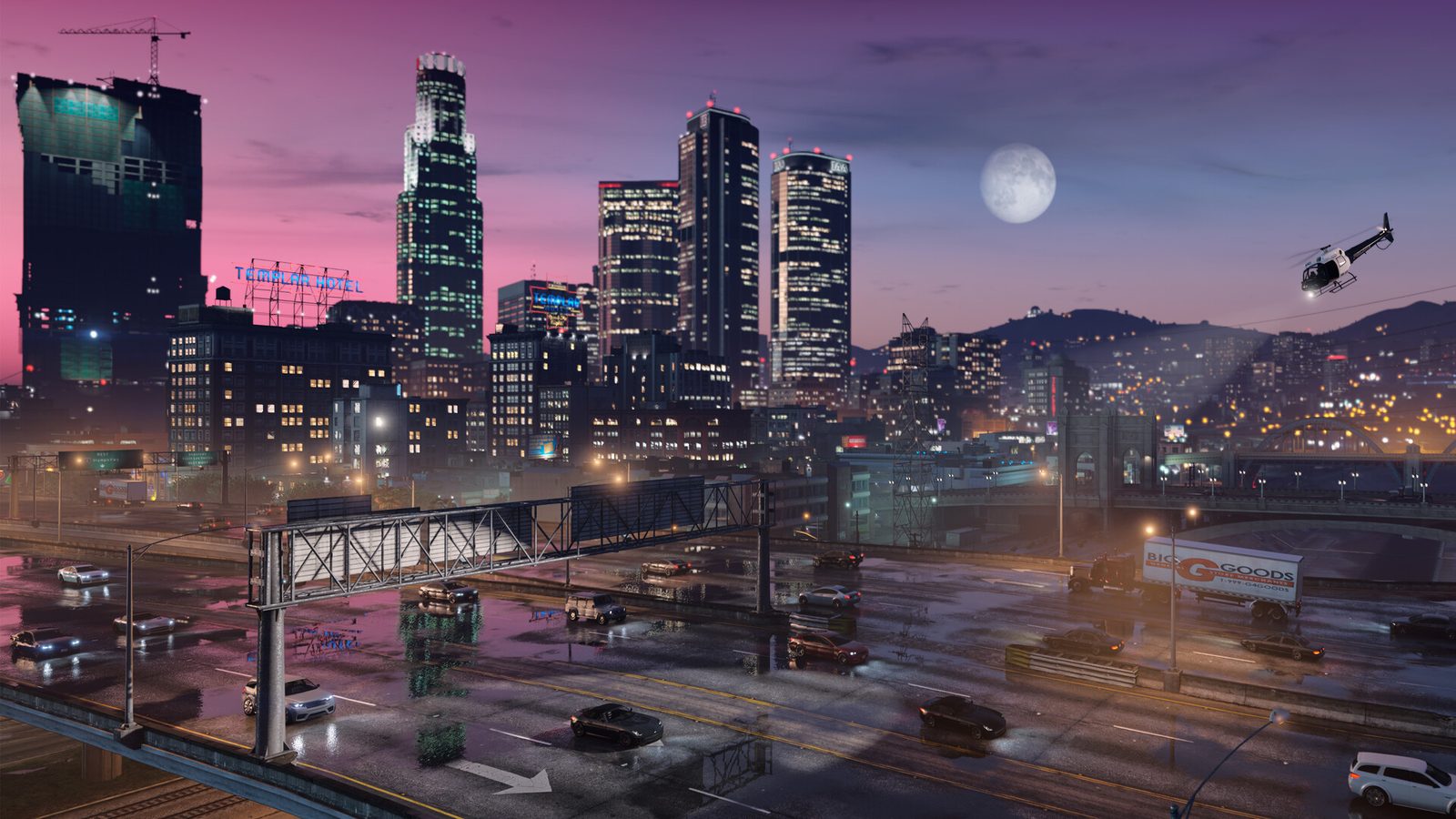 Los Santos de nuit, ses gratte-ciel et ses autoroutes